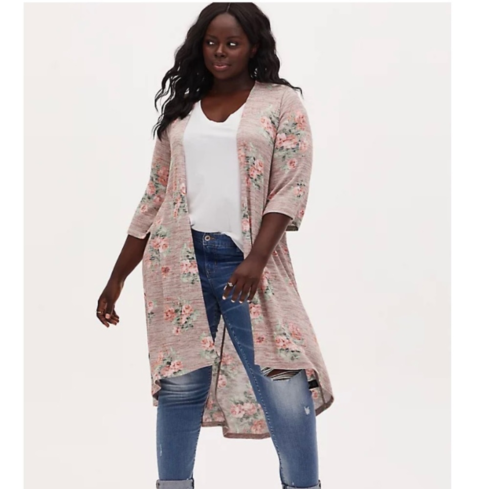 Torrid Size 1 Taupe Floral Hacci Hi-Lo Kimono Duster NWT
